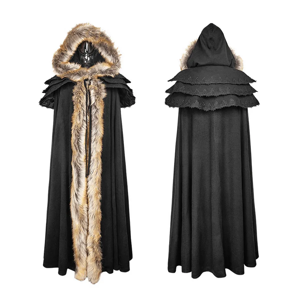 Luxurious Gothic Fur-Trimmed Woolen Long Cloak