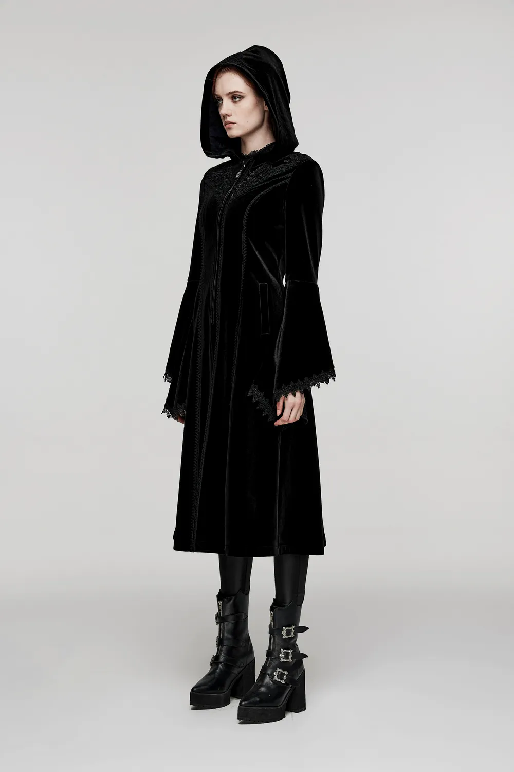 Luxurious Hooded Velvet Coat with Gothic Flair