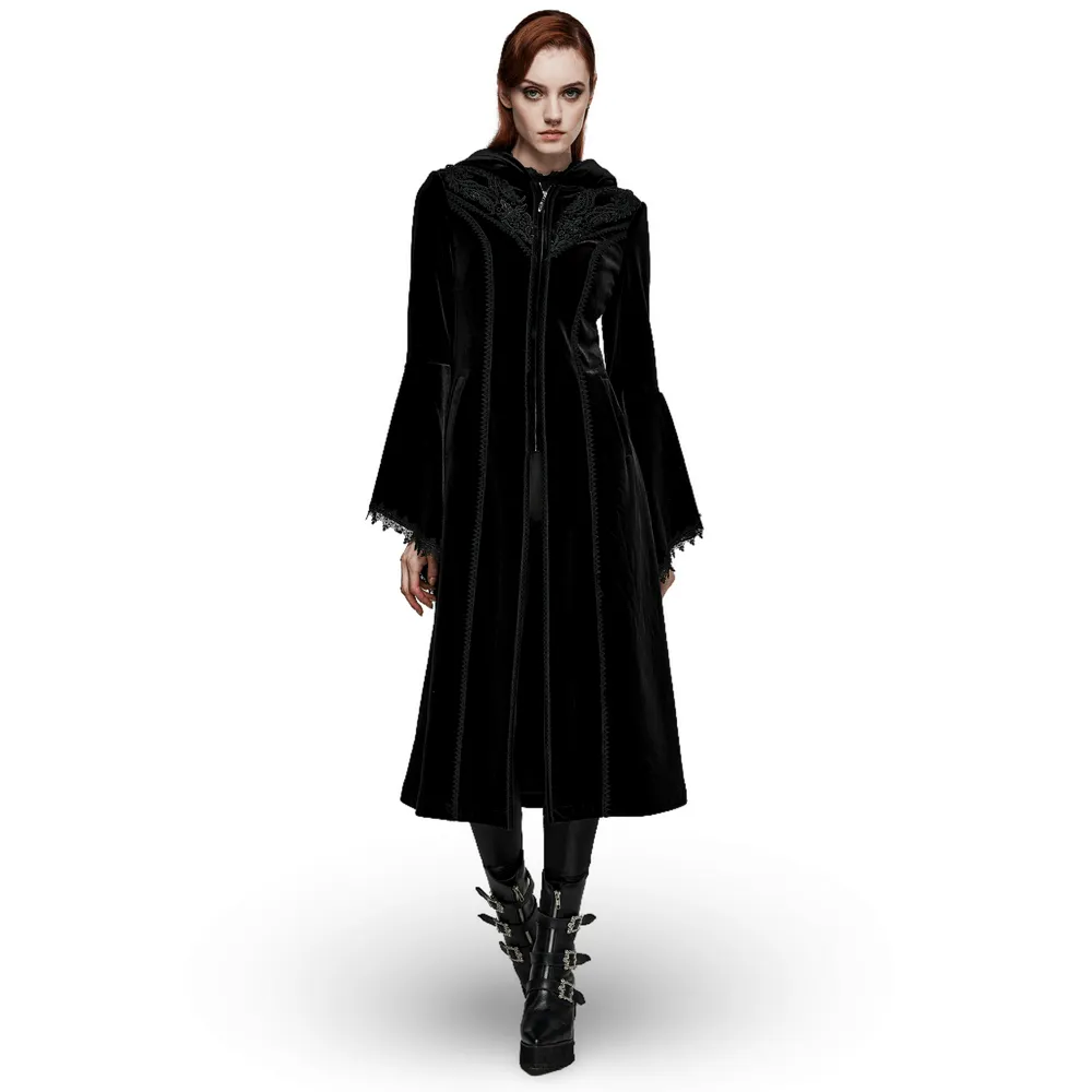 Luxurious Hooded Velvet Coat with Gothic Flair