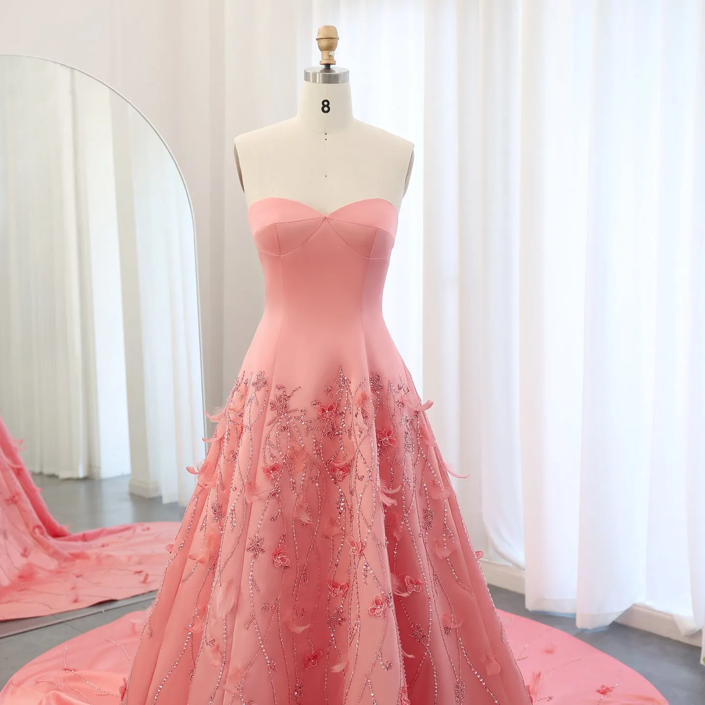 Luxury 3D Flowers Feathers Coral Pink Evening Dress SS470