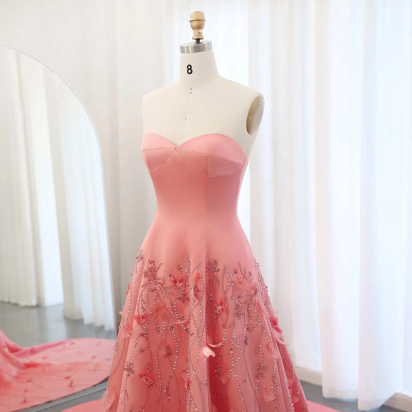 Luxury 3D Flowers Feathers Coral Pink Evening Dress SS470