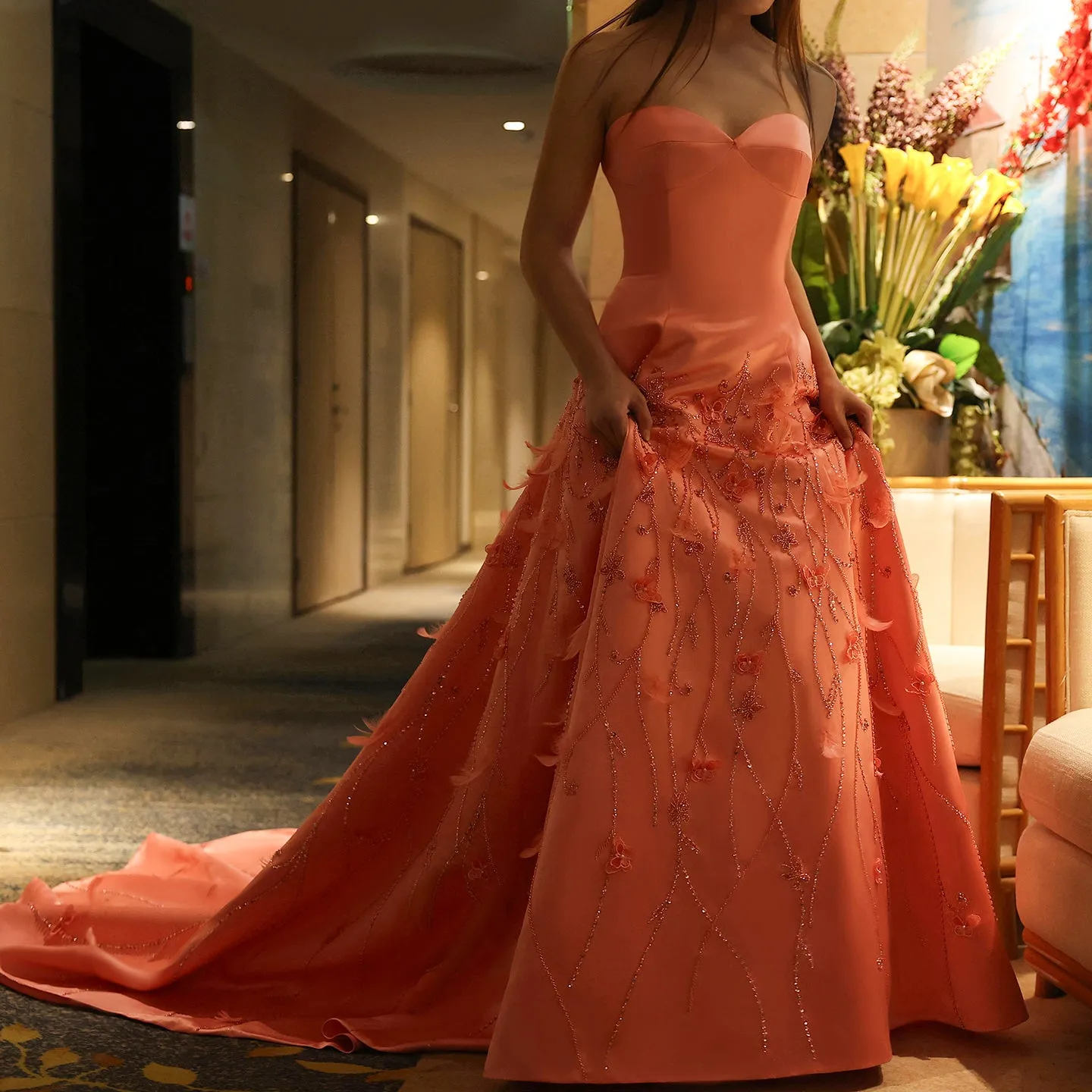 Luxury 3D Flowers Feathers Coral Pink Evening Dress SS470