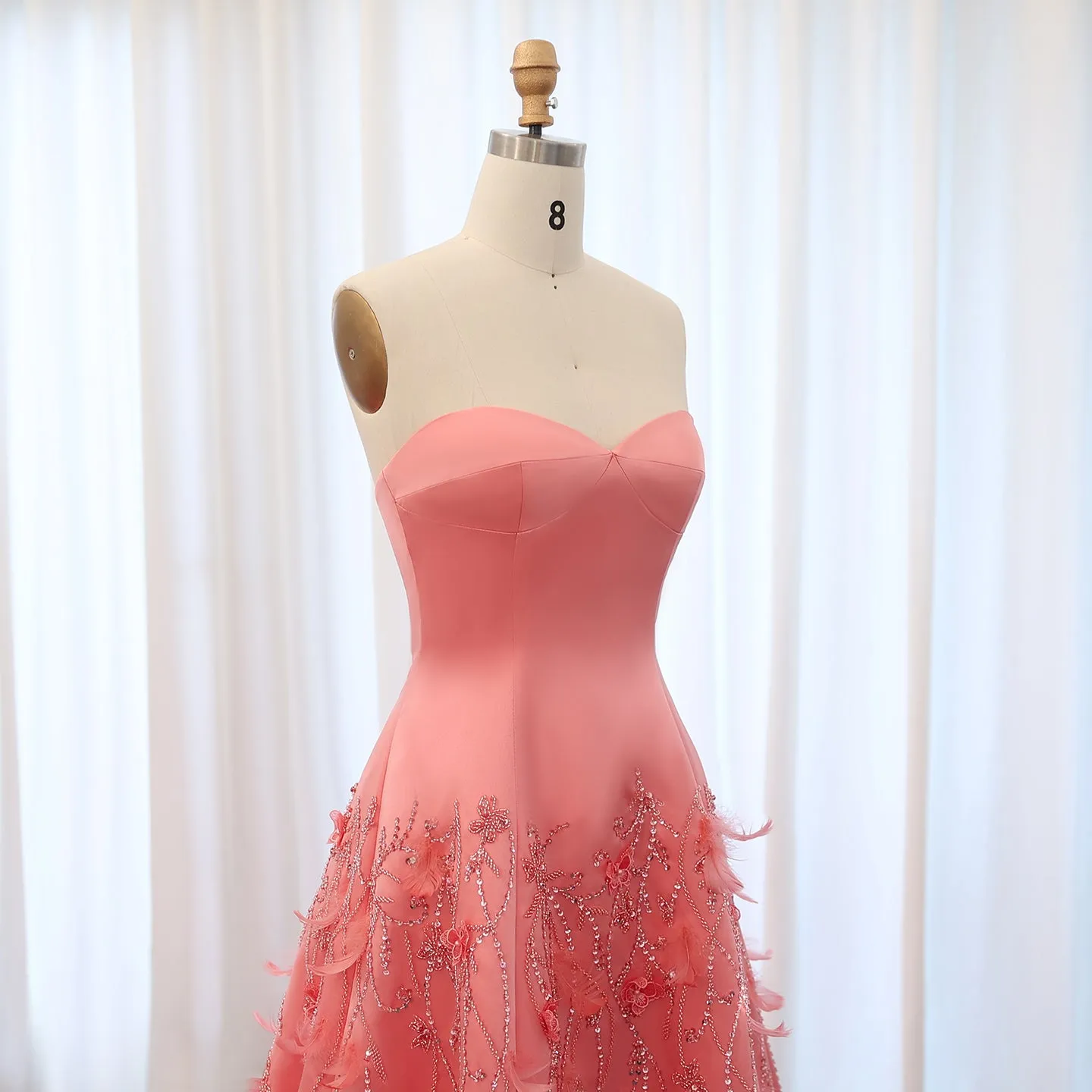 Luxury 3D Flowers Feathers Coral Pink Evening Dress SS470