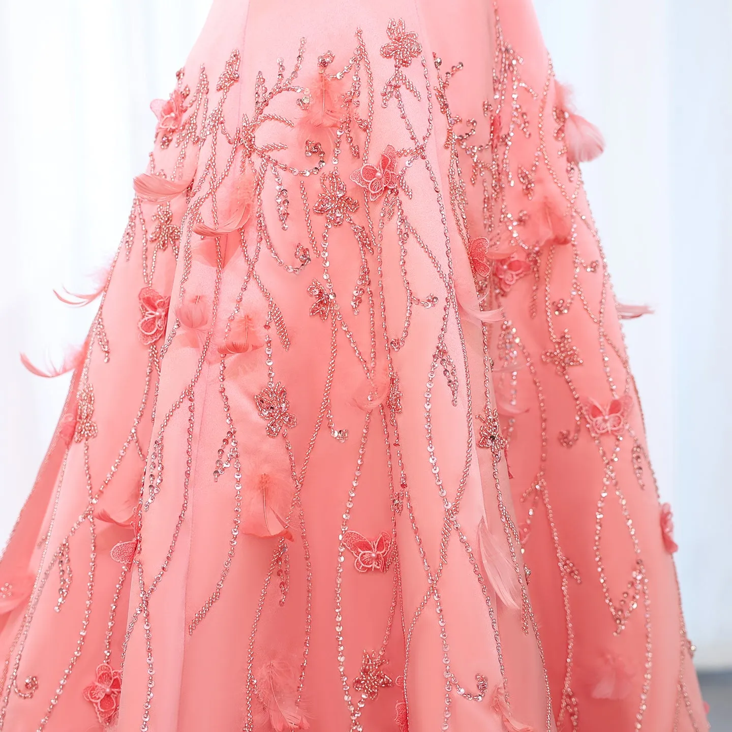 Luxury 3D Flowers Feathers Coral Pink Evening Dress SS470