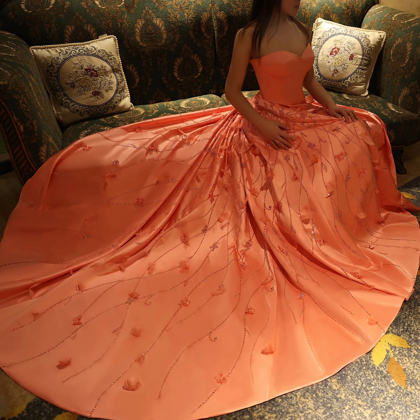 Luxury 3D Flowers Feathers Coral Pink Evening Dress SS470