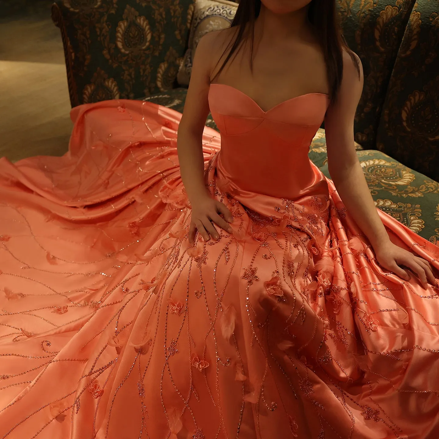 Luxury 3D Flowers Feathers Coral Pink Evening Dress SS470