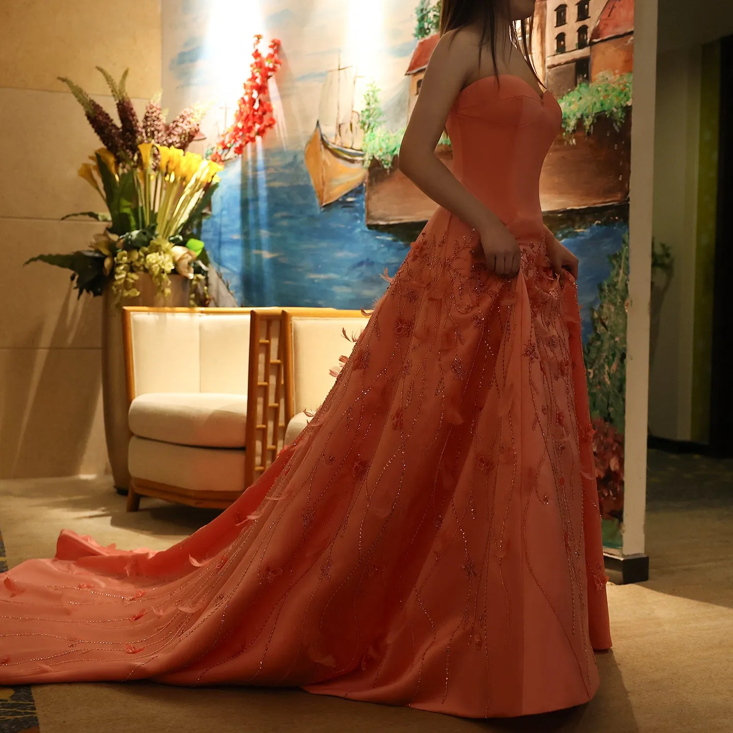 Luxury 3D Flowers Feathers Coral Pink Evening Dress SS470