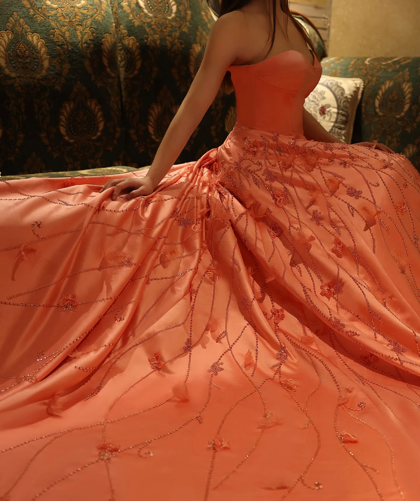 Luxury 3D Flowers Feathers Coral Pink Evening Dress SS470