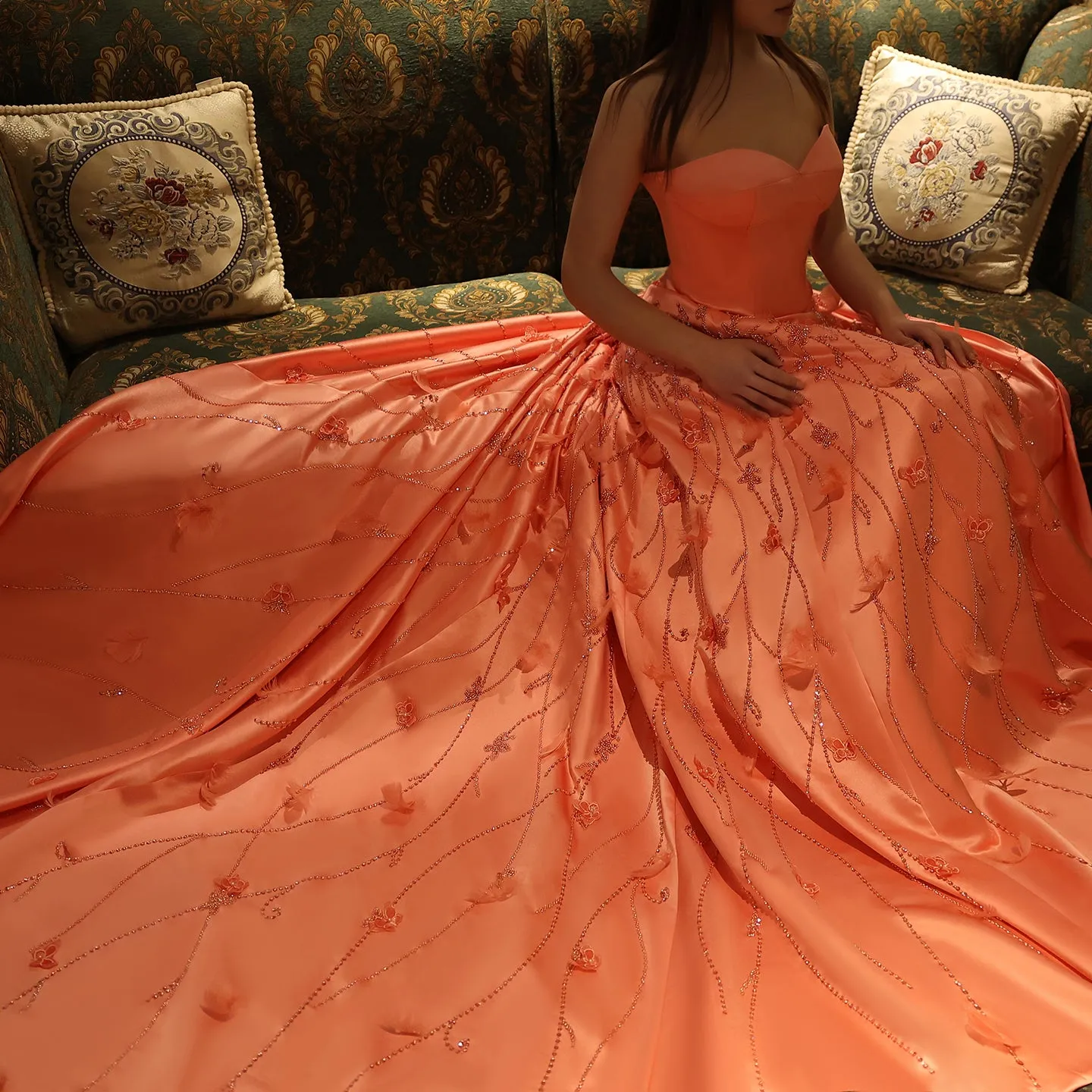 Luxury 3D Flowers Feathers Coral Pink Evening Dress SS470