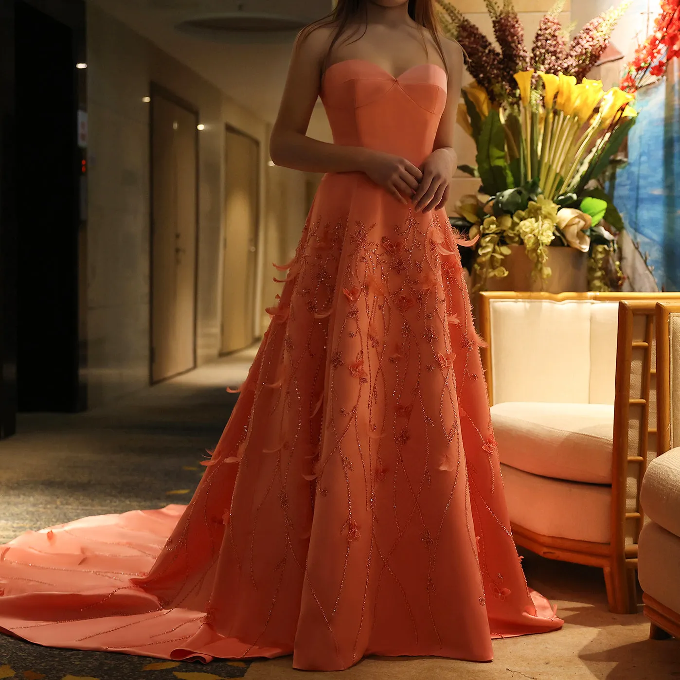 Luxury 3D Flowers Feathers Coral Pink Evening Dress SS470