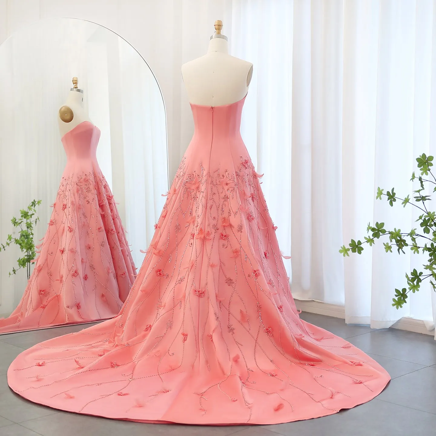 Luxury 3D Flowers Feathers Coral Pink Evening Dress SS470