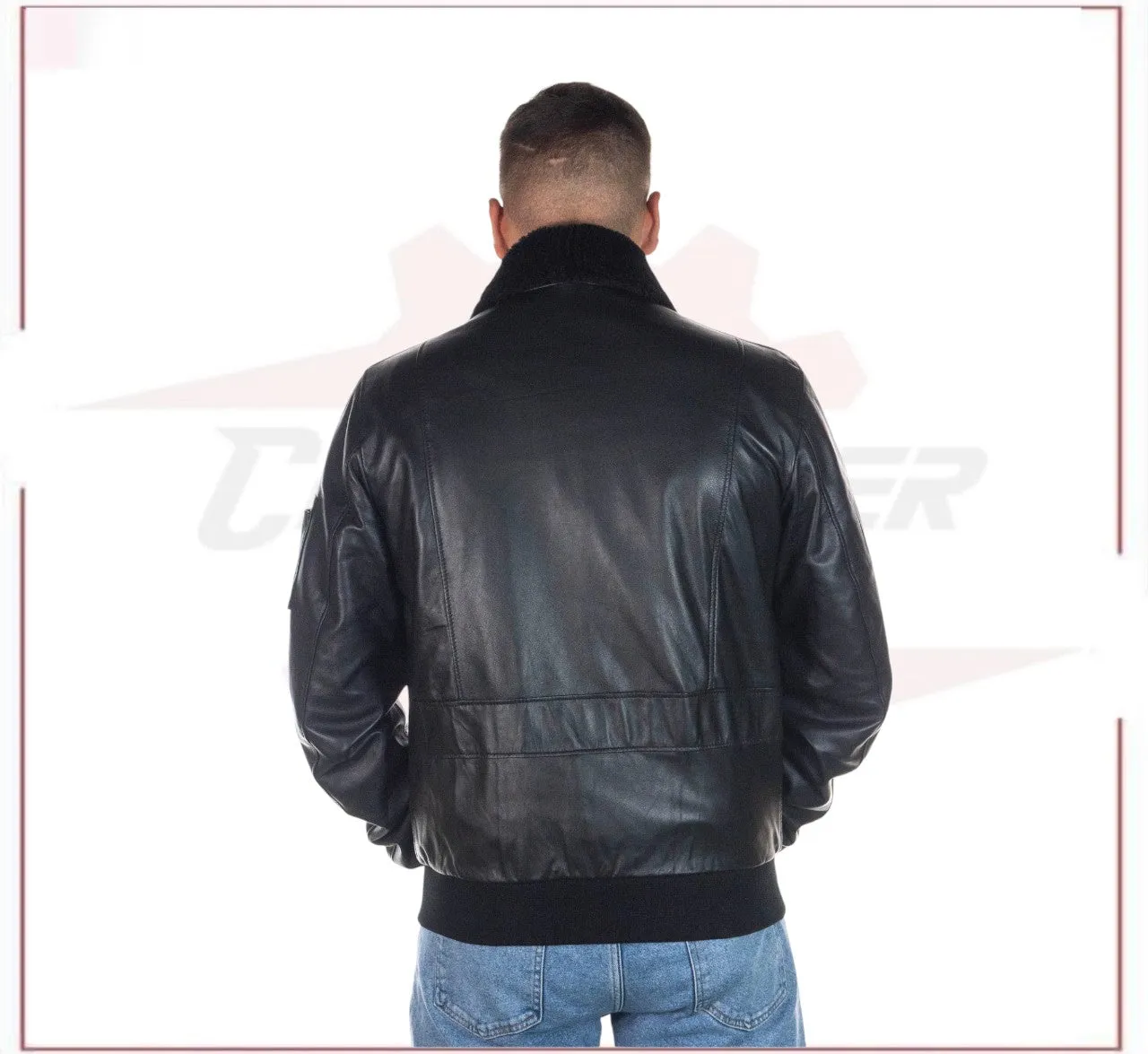 Men's Bomber Jacket in Genuine Black Leather with Real Black Shearling Collar