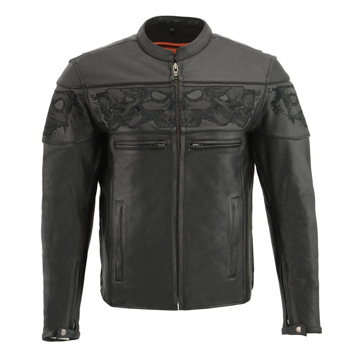 Milwaukee Leather MLM1501 Men's Black 'Cool-Tec' Leather Crossover Scooter Jacket with Reflective Skulls