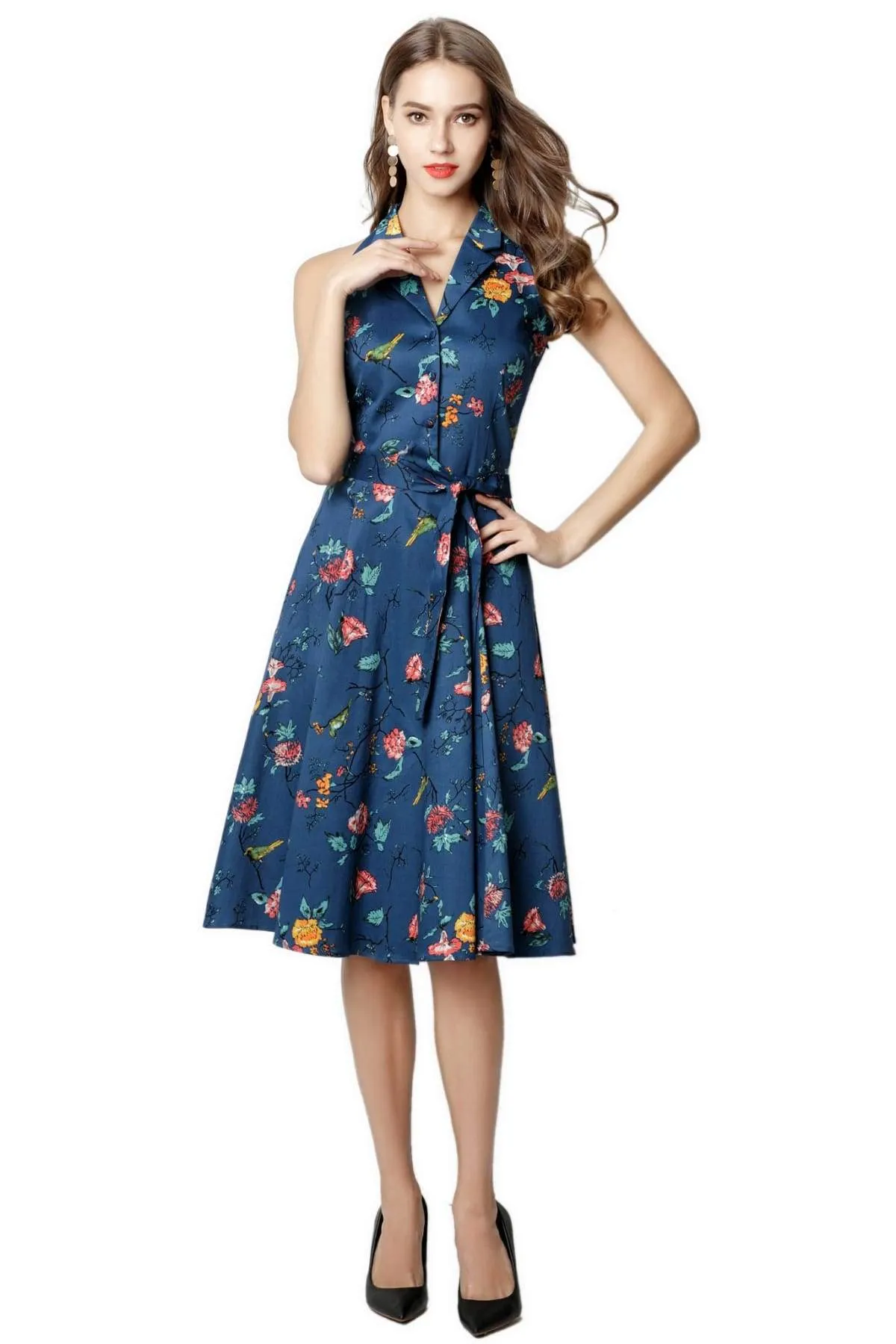 Navy Floral Halter Top Vintage Dress