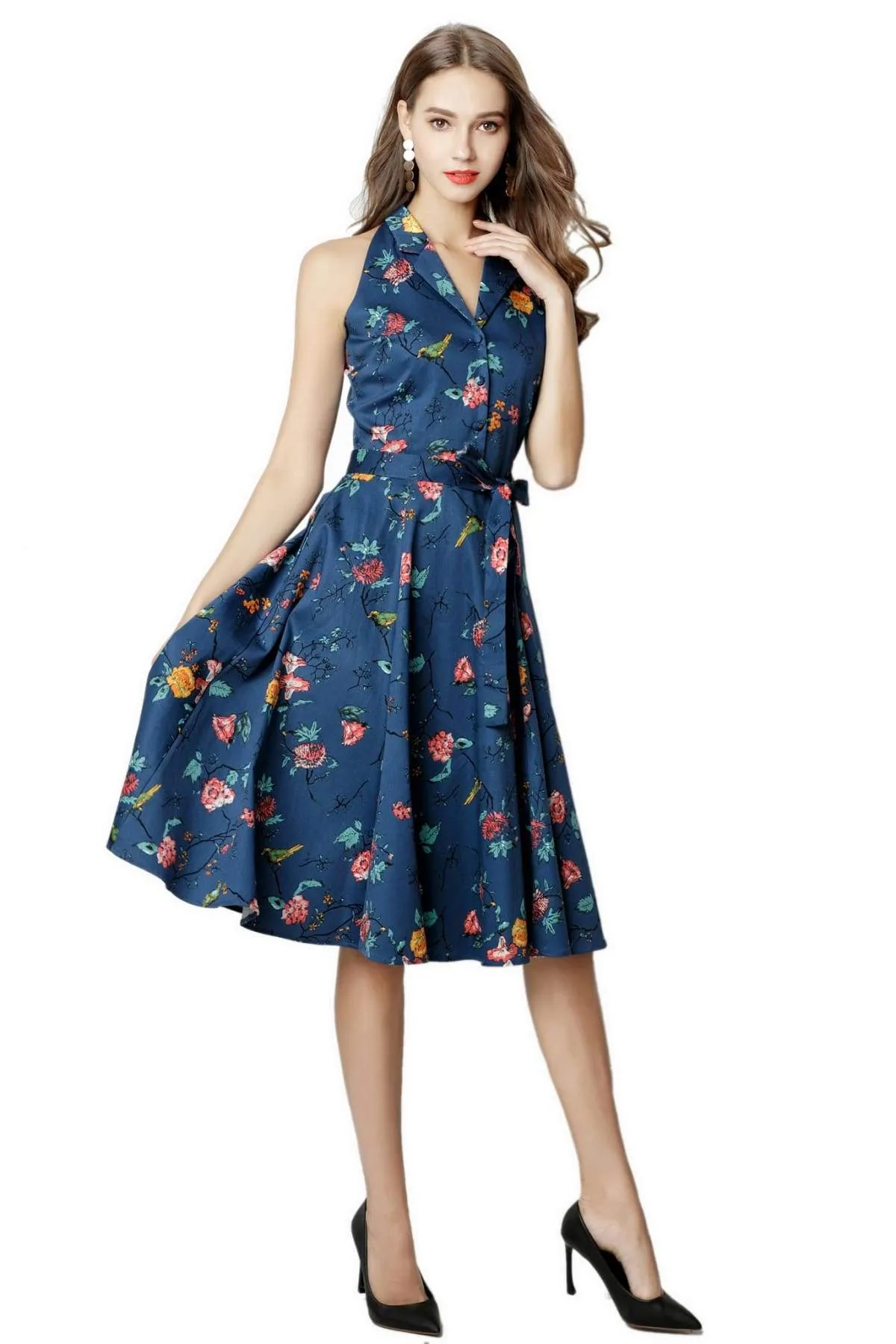 Navy Floral Halter Top Vintage Dress