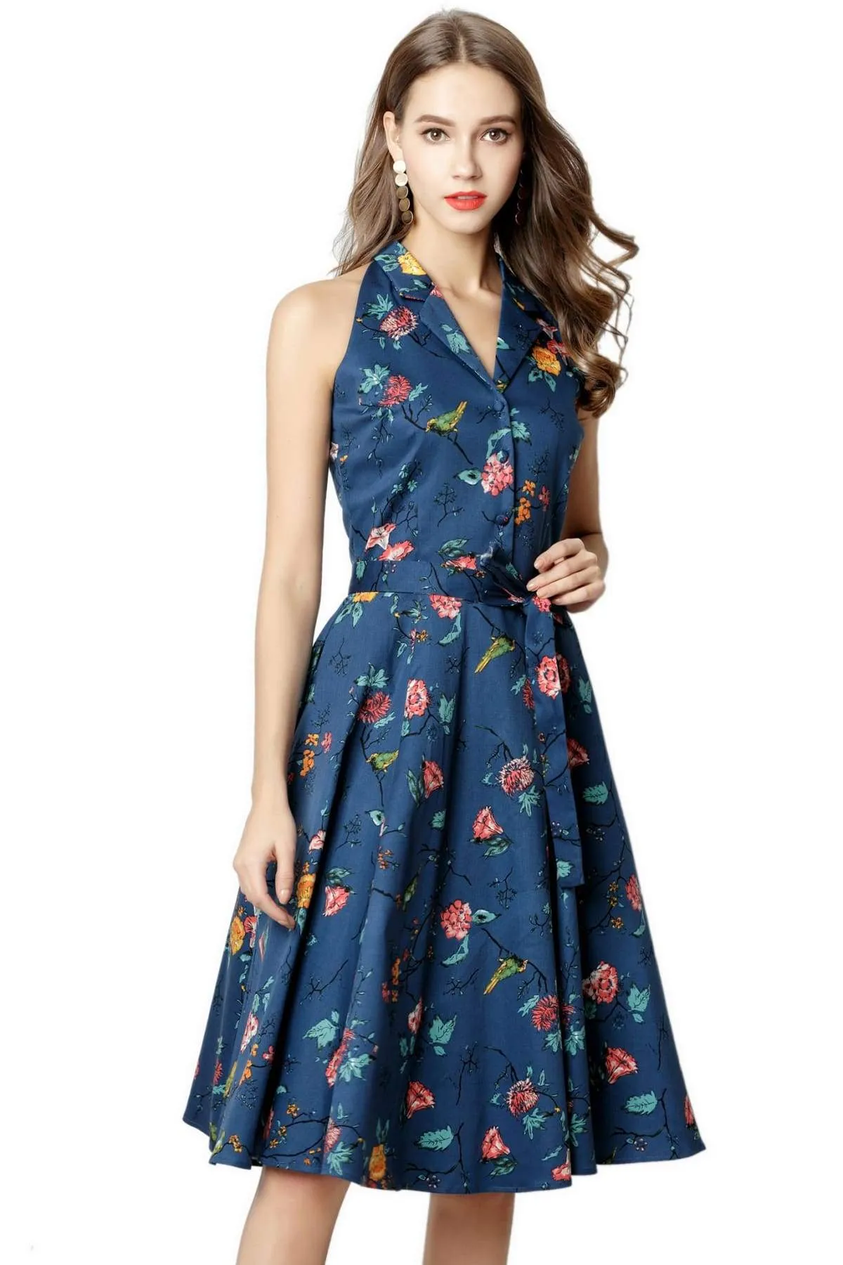 Navy Floral Halter Top Vintage Dress