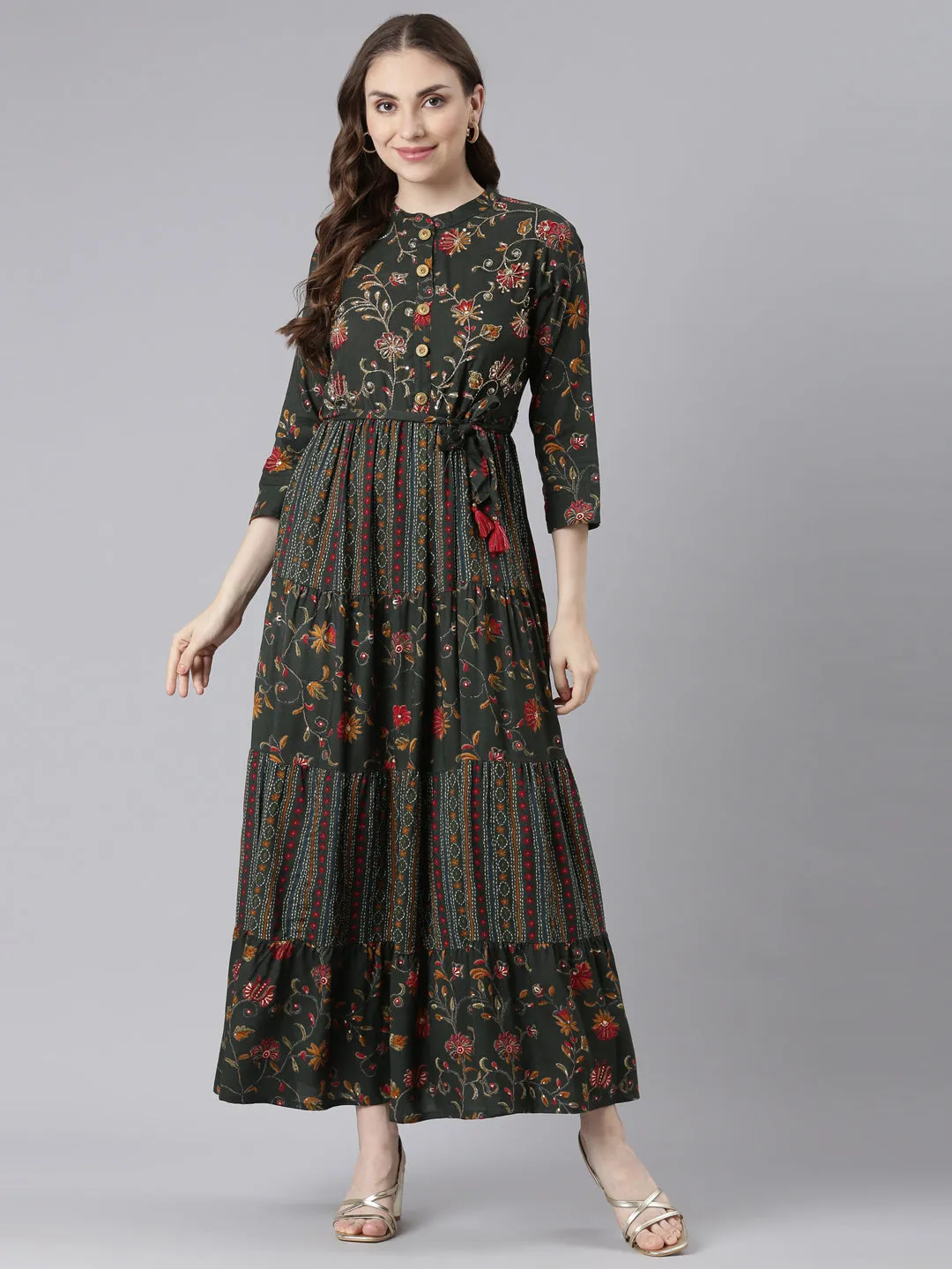 Neerus Olive Viscose Rayon Straight Casual Floral Maxi Dresses