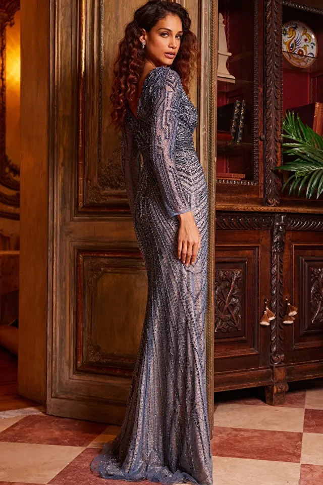 Noella | Slate Embellished Long Sleeve V Neck Gown | Jovani 24052