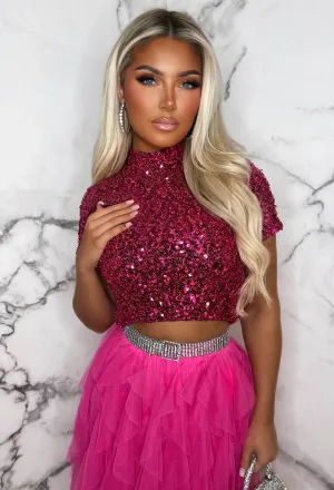 Oh She Bad Hot Pink Sequin Crop Top