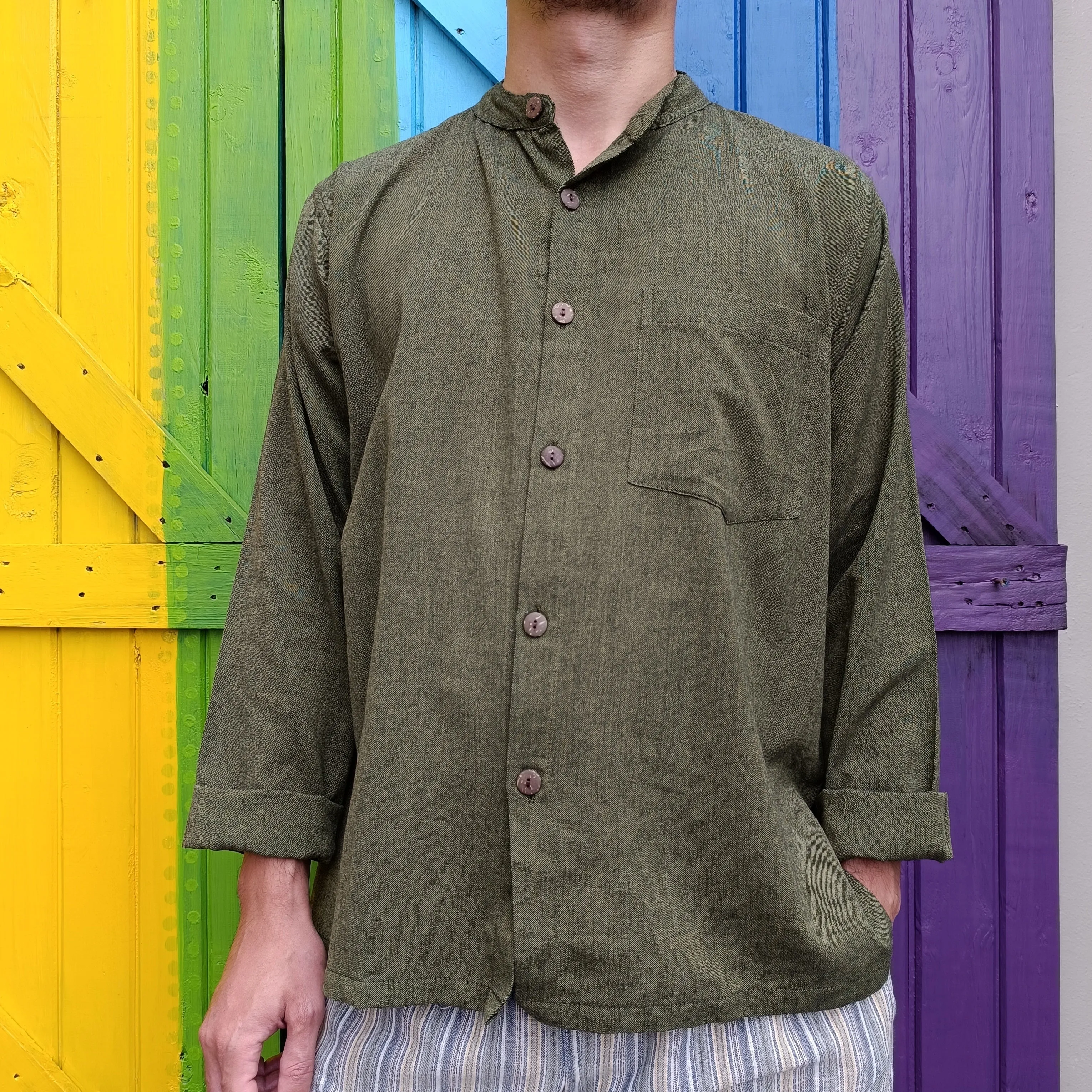 Open Button Long Sleeve Shirts Cotton Relaxed Fit Kurta Shirts