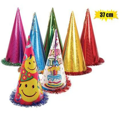 Party Cone Hat Cardboard 37cm with Tinsel