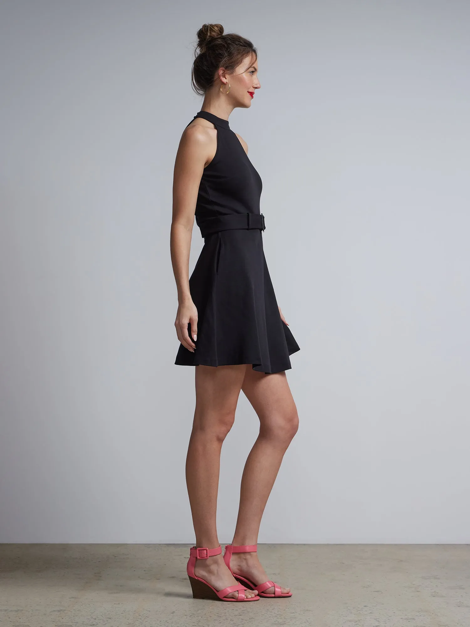 Petite Belted Halter Flare Dress - City Knits