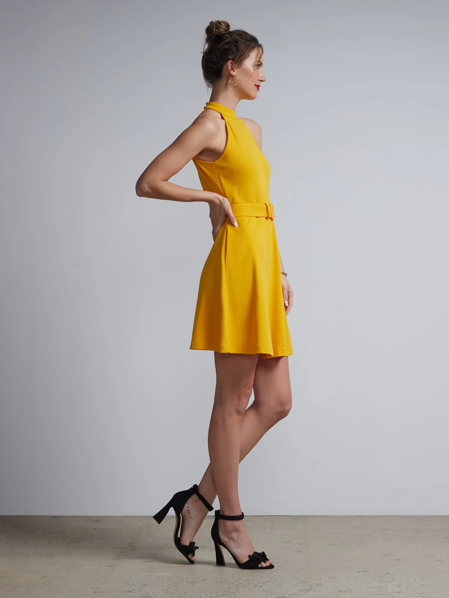 Petite Belted Halter Flare Dress - City Knits