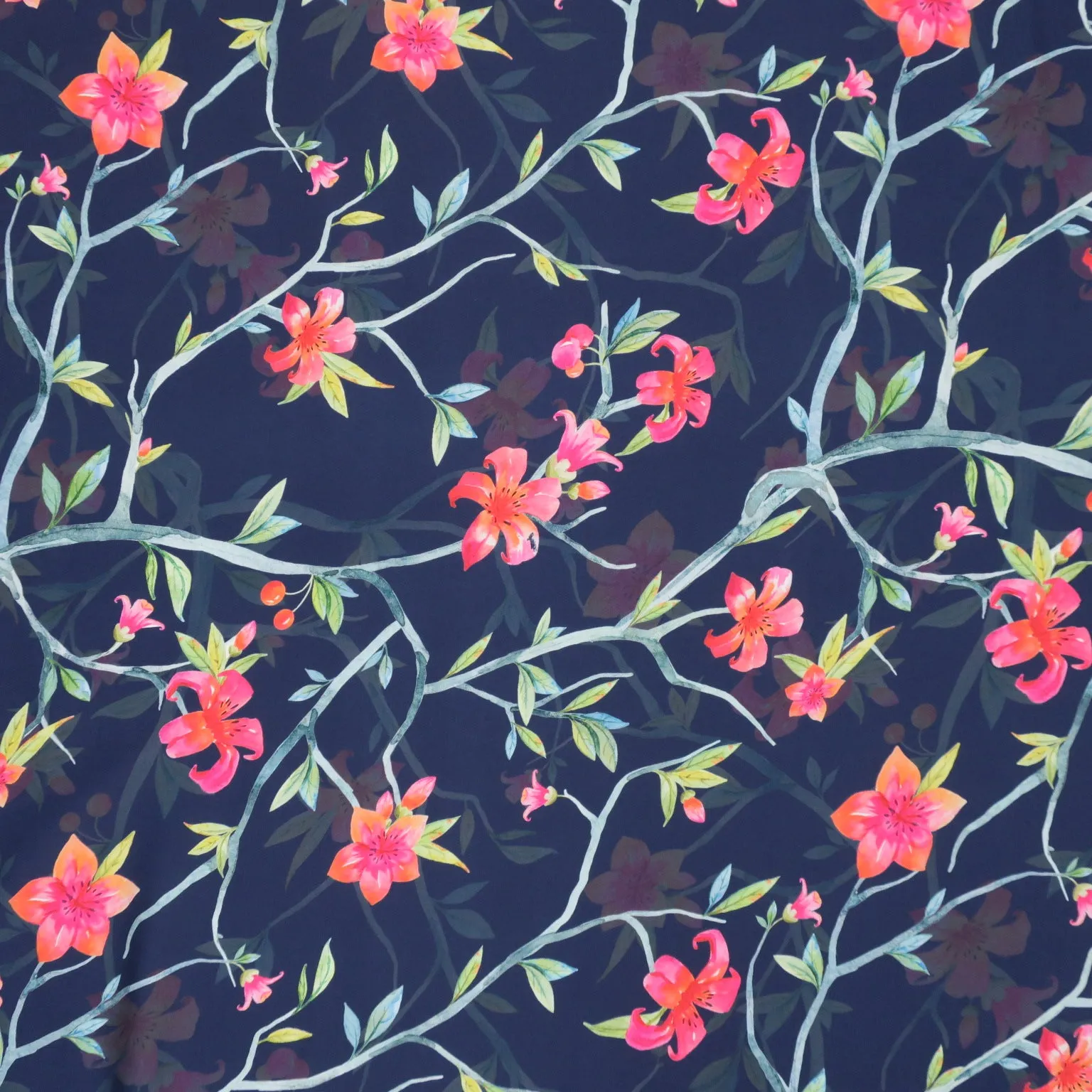 Pink Flowers on Blue Background Charmeuse Polyester Fabric