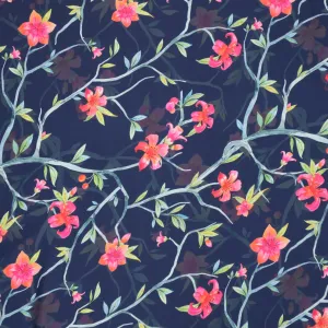 Pink Flowers on Blue Background Charmeuse Polyester Fabric