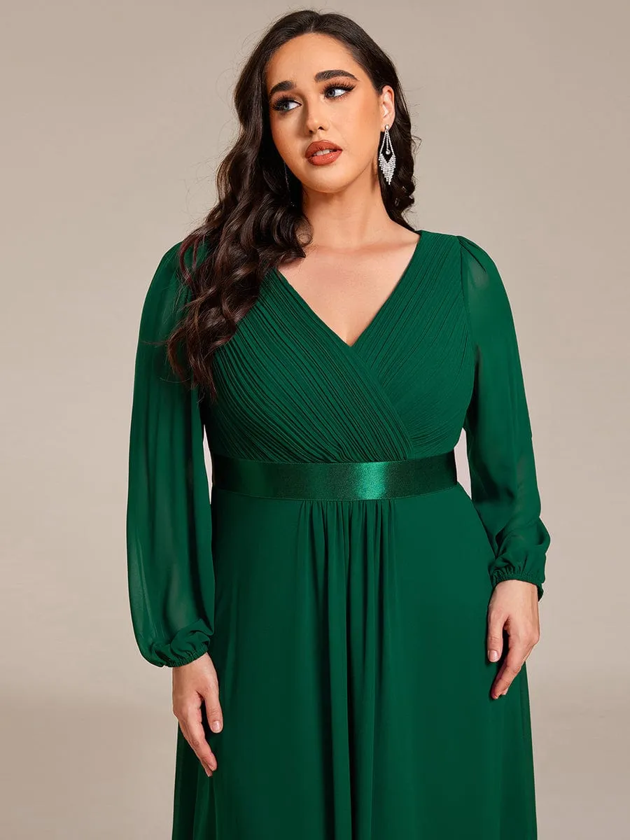 Plus Size A-Line Long Sleeve Chiffon Pleated Formal Dress