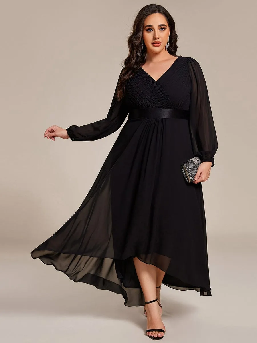 Plus Size A-Line Long Sleeve Chiffon Pleated Formal Dress