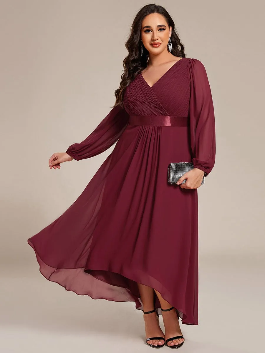 Plus Size A-Line Long Sleeve Chiffon Pleated Formal Dress