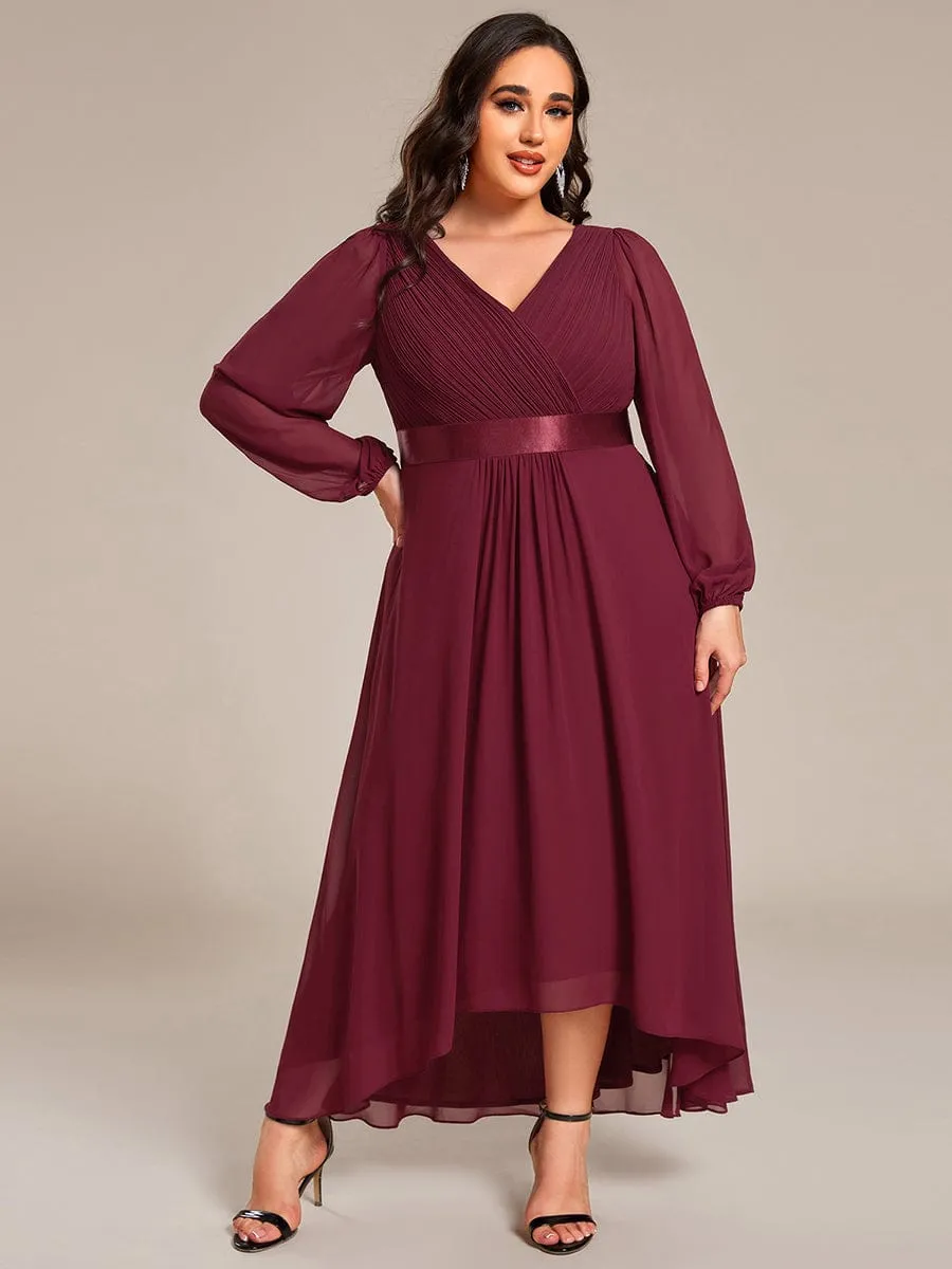 Plus Size A-Line Long Sleeve Chiffon Pleated Formal Dress