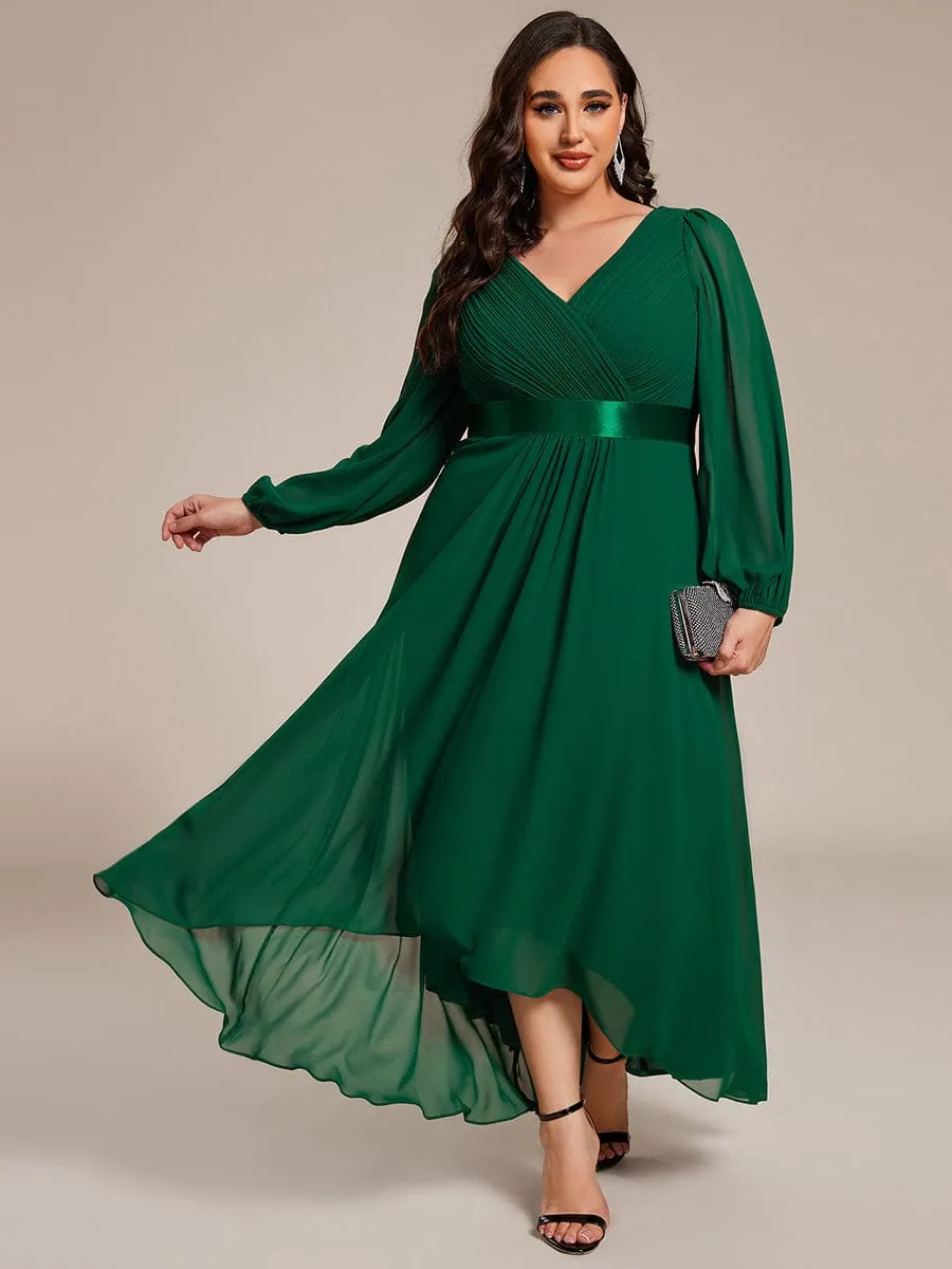 Plus Size A-Line Long Sleeve Chiffon Pleated Formal Dress