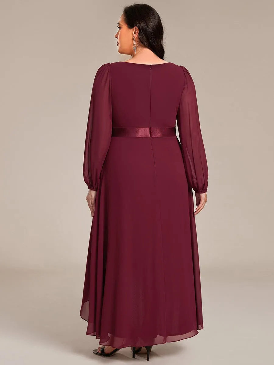 Plus Size A-Line Long Sleeve Chiffon Pleated Formal Dress