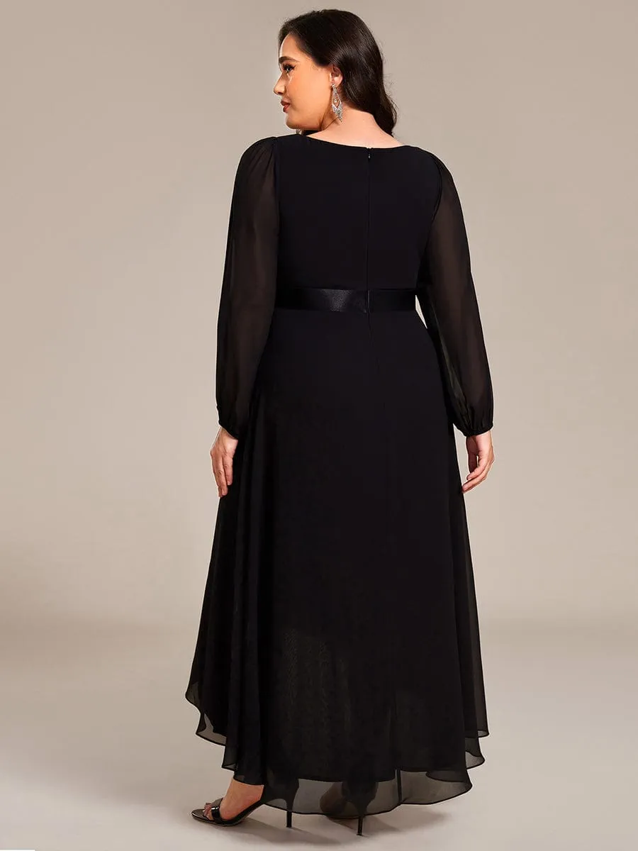 Plus Size A-Line Long Sleeve Chiffon Pleated Formal Dress