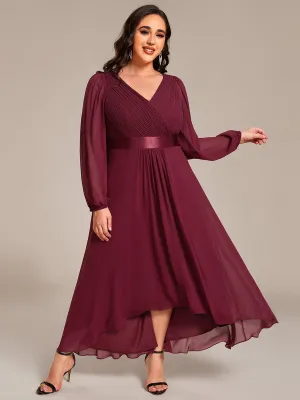 Plus Size A-Line Long Sleeve Chiffon Pleated Formal Dress