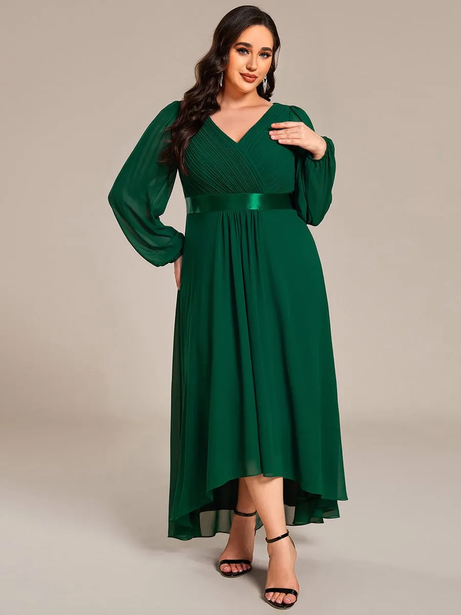 Plus Size A-Line Long Sleeve Chiffon Pleated Formal Dress