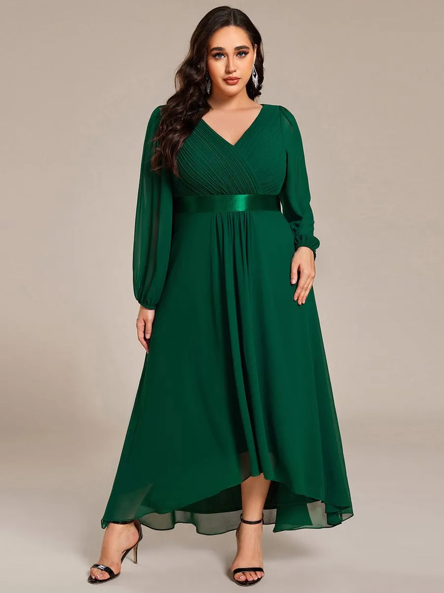 Plus Size A-Line Long Sleeve Chiffon Pleated Formal Dress