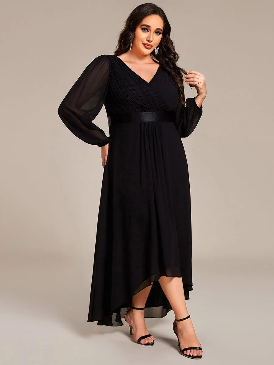 Plus Size A-Line Long Sleeve Chiffon Pleated Formal Dress