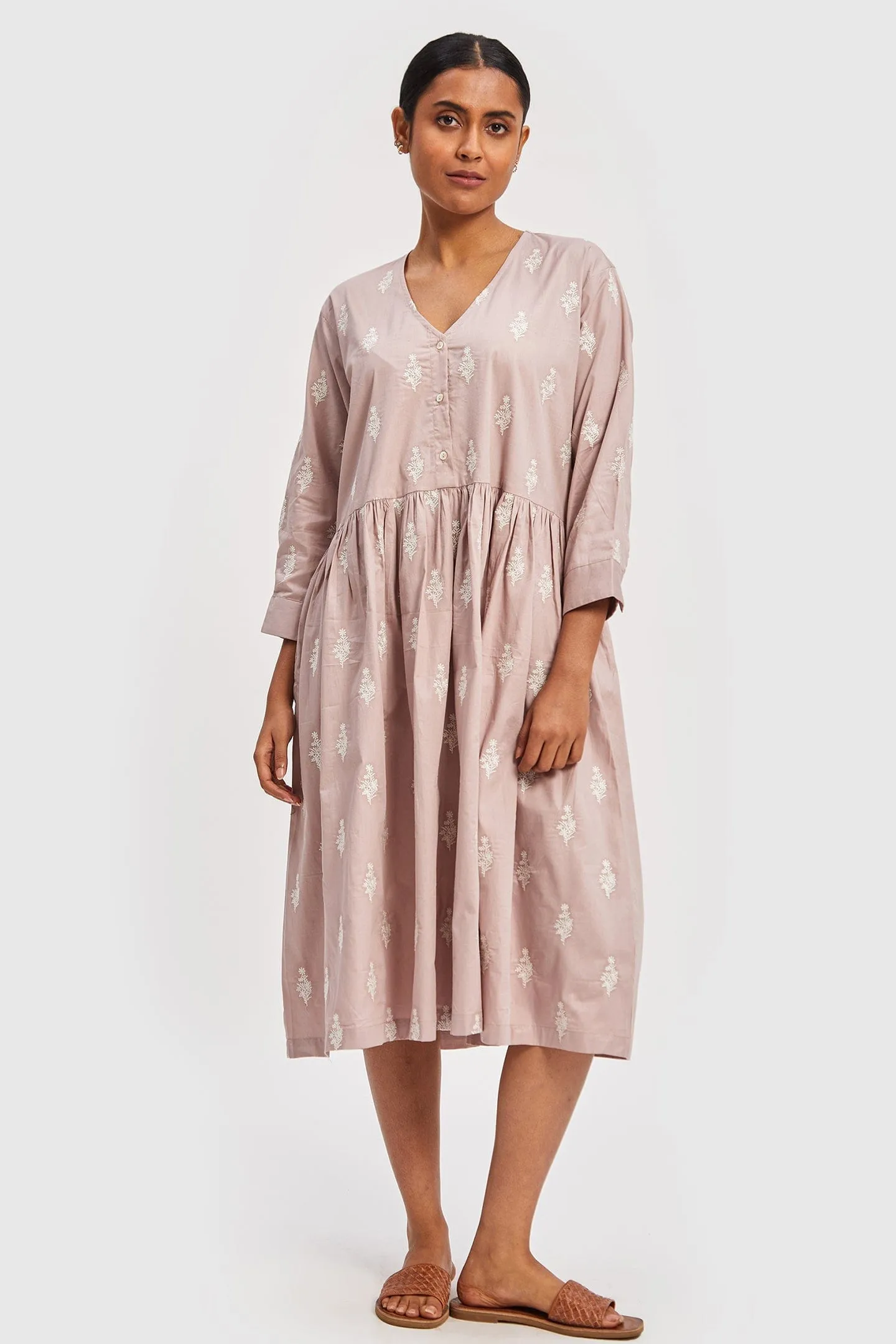 Poplin Gathered Embroidered Pink Dress