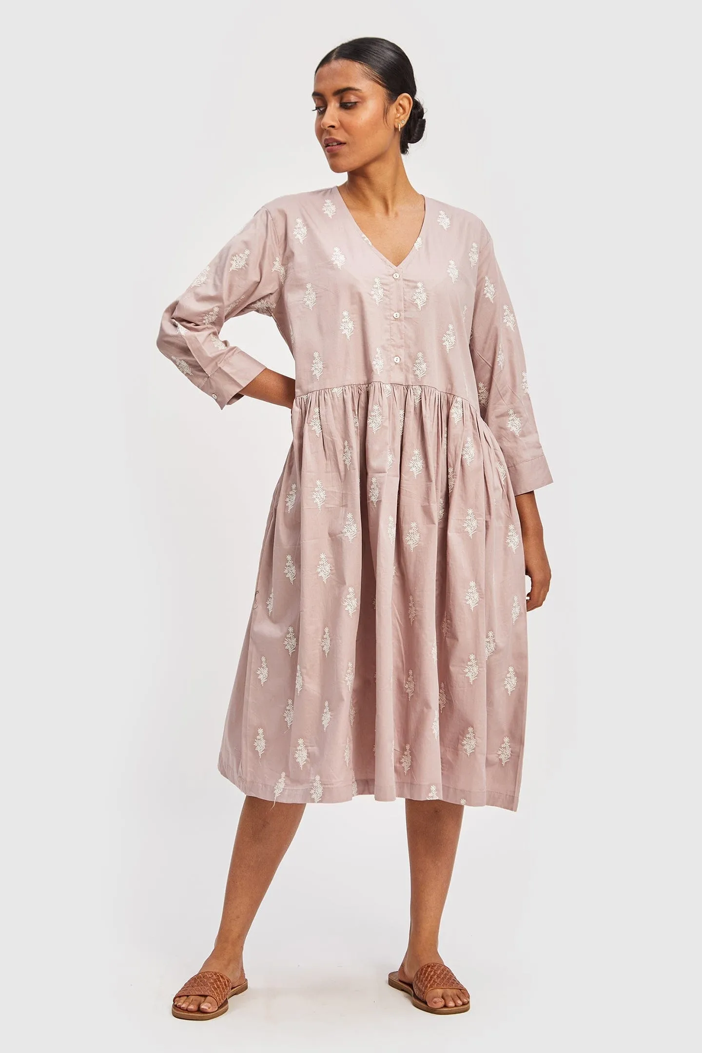 Poplin Gathered Embroidered Pink Dress