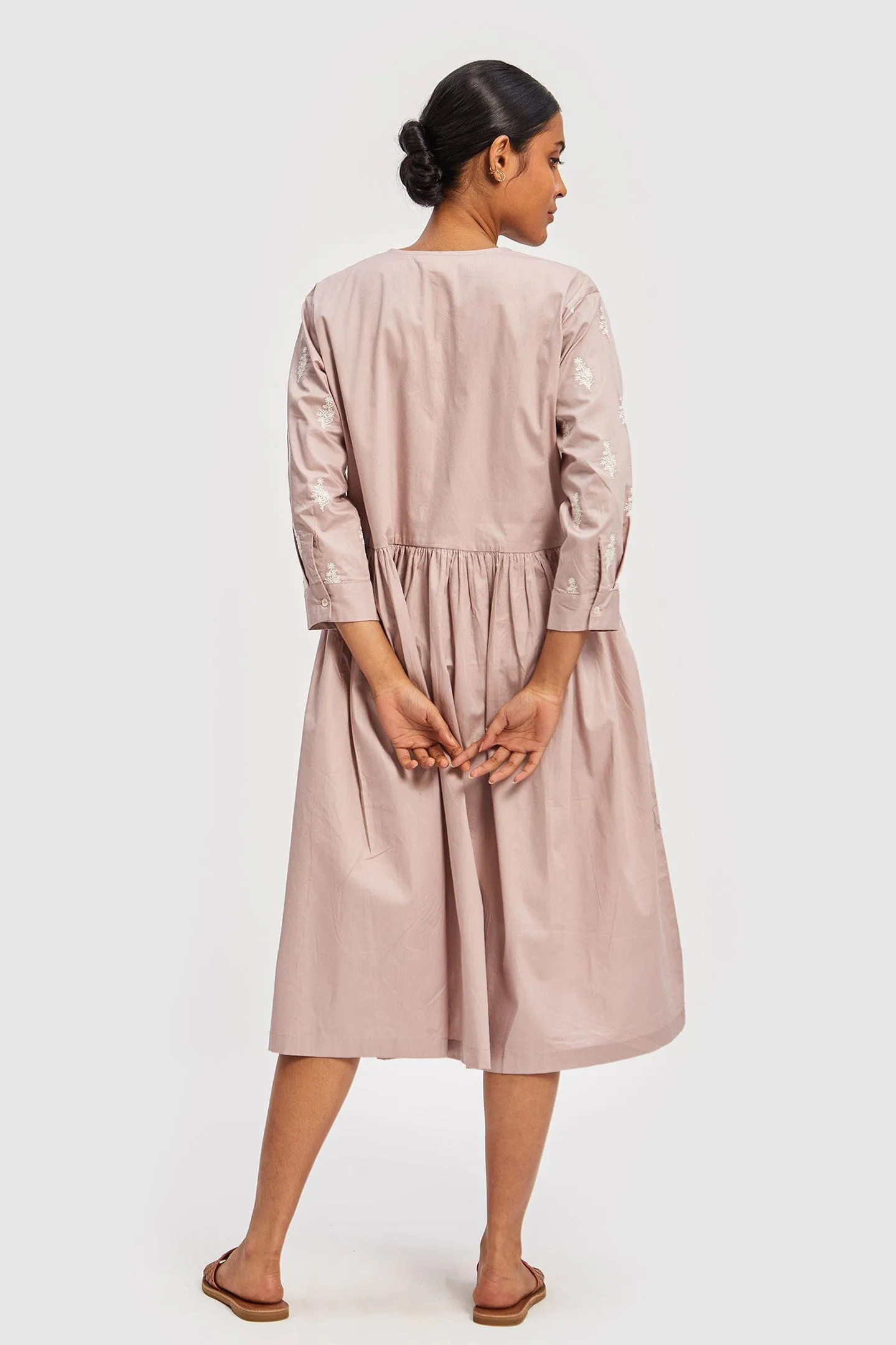 Poplin Gathered Embroidered Pink Dress