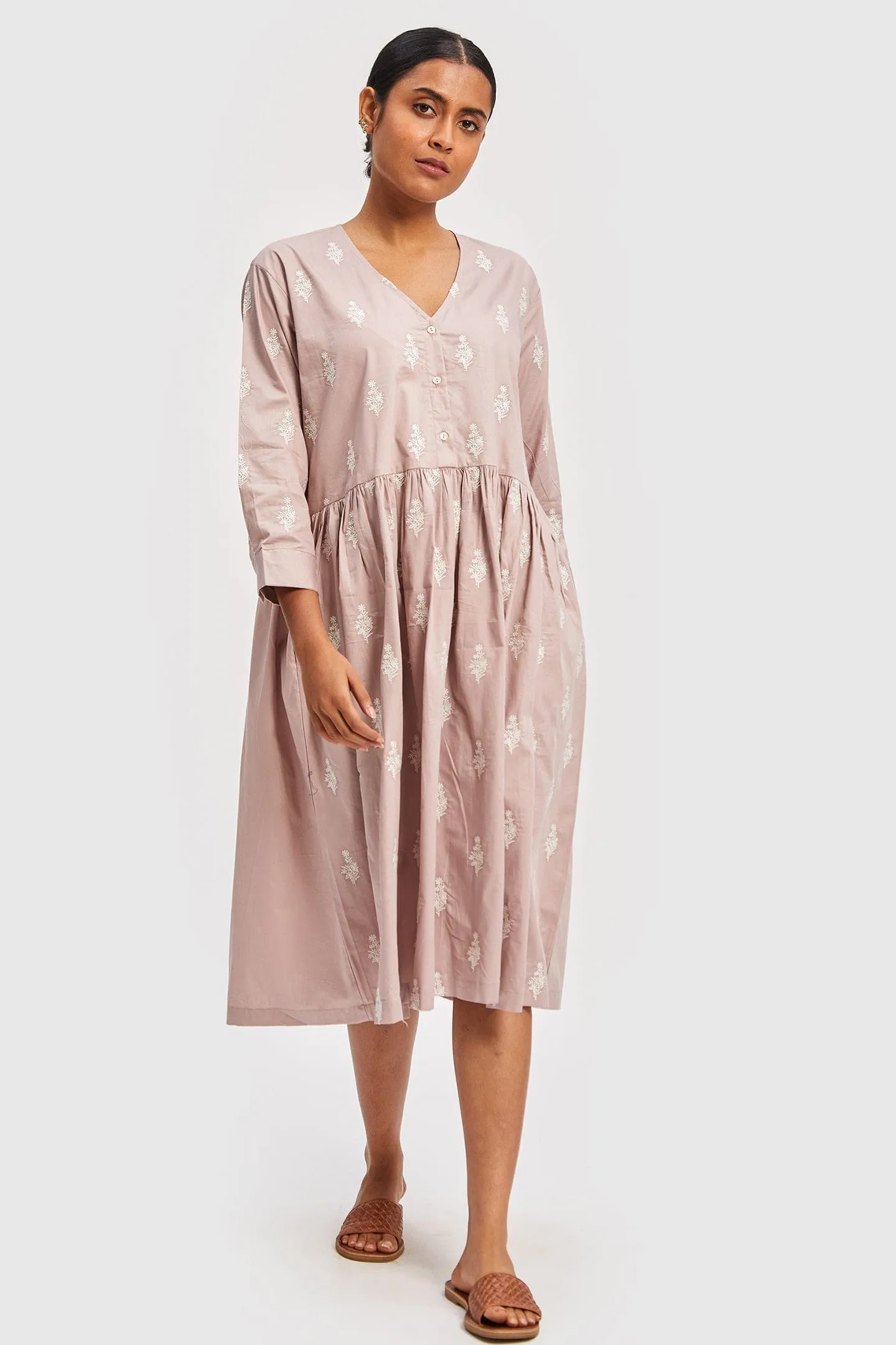 Poplin Gathered Embroidered Pink Dress