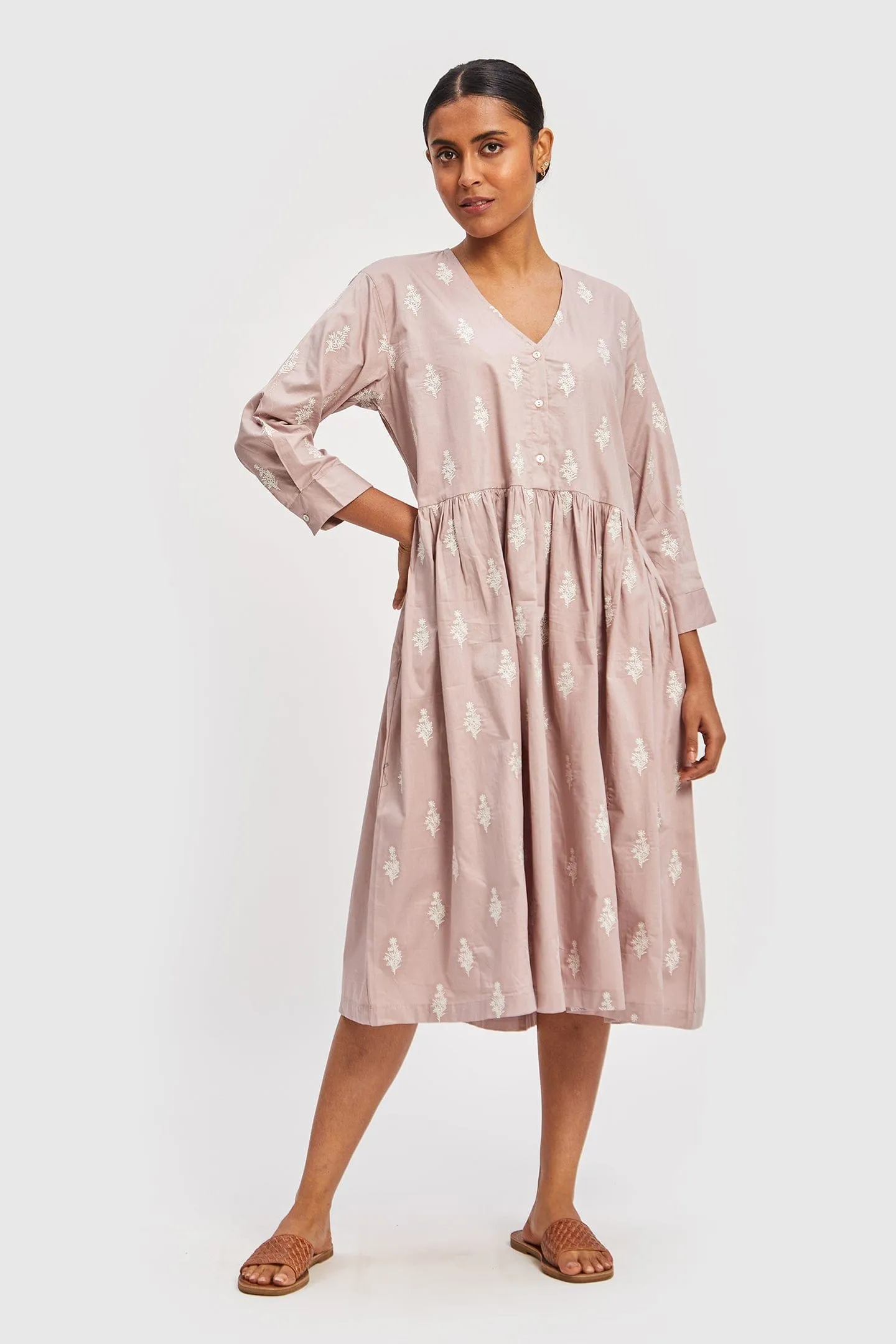 Poplin Gathered Embroidered Pink Dress