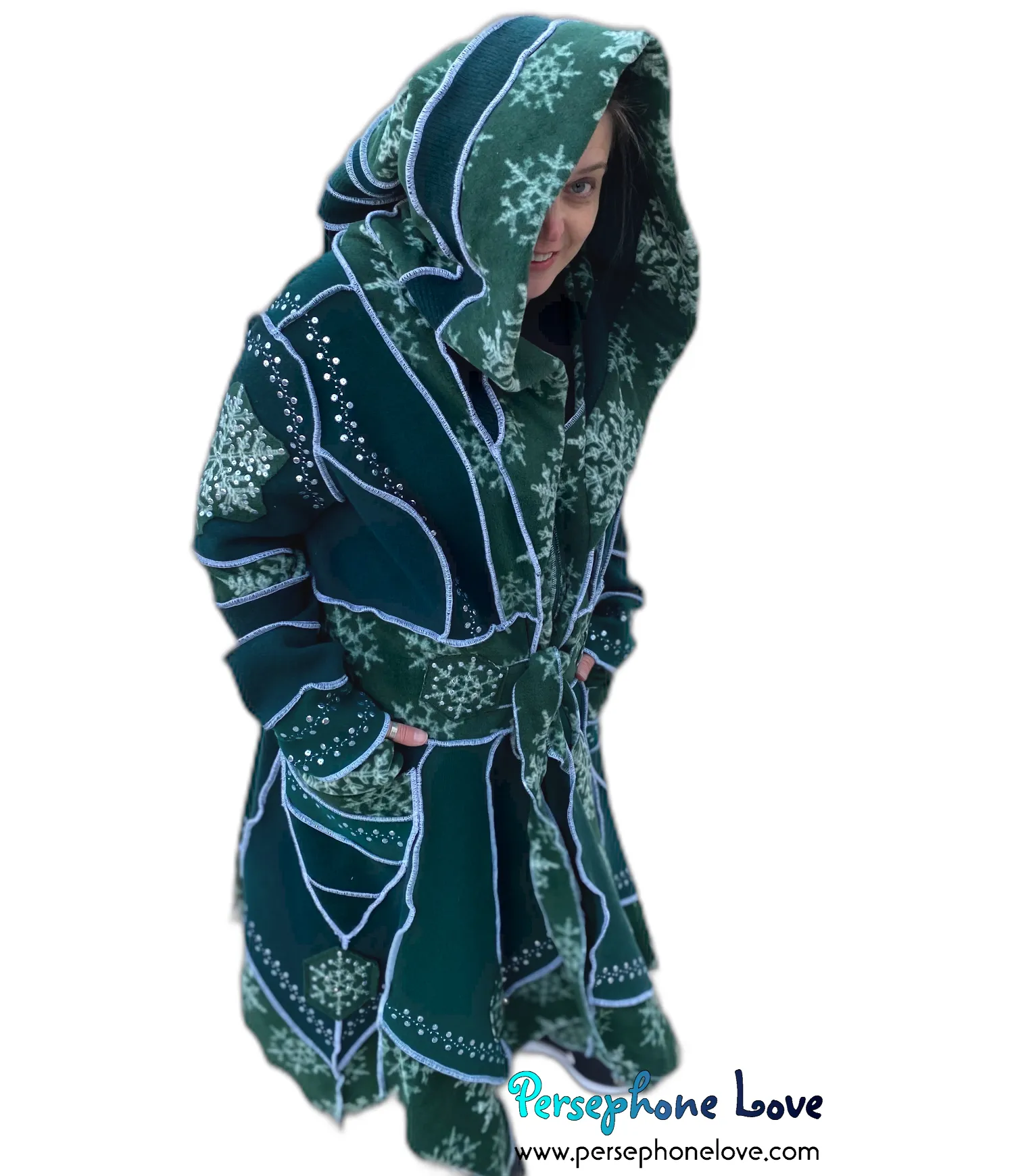 "Afterglow" GODDESS SIZE Green pixie felted cashmere/fleece Katwise-inspired sequin sweatercoat-2560