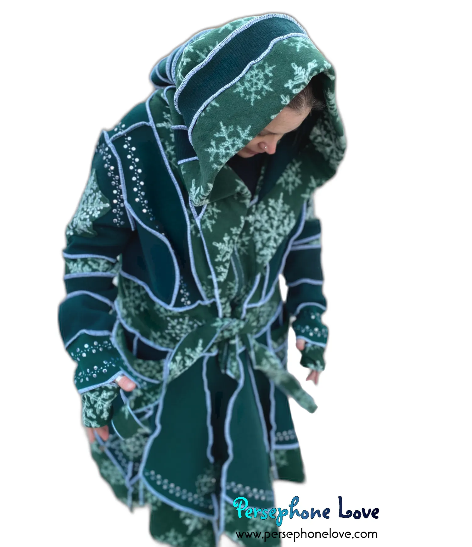 "Afterglow" GODDESS SIZE Green pixie felted cashmere/fleece Katwise-inspired sequin sweatercoat-2560