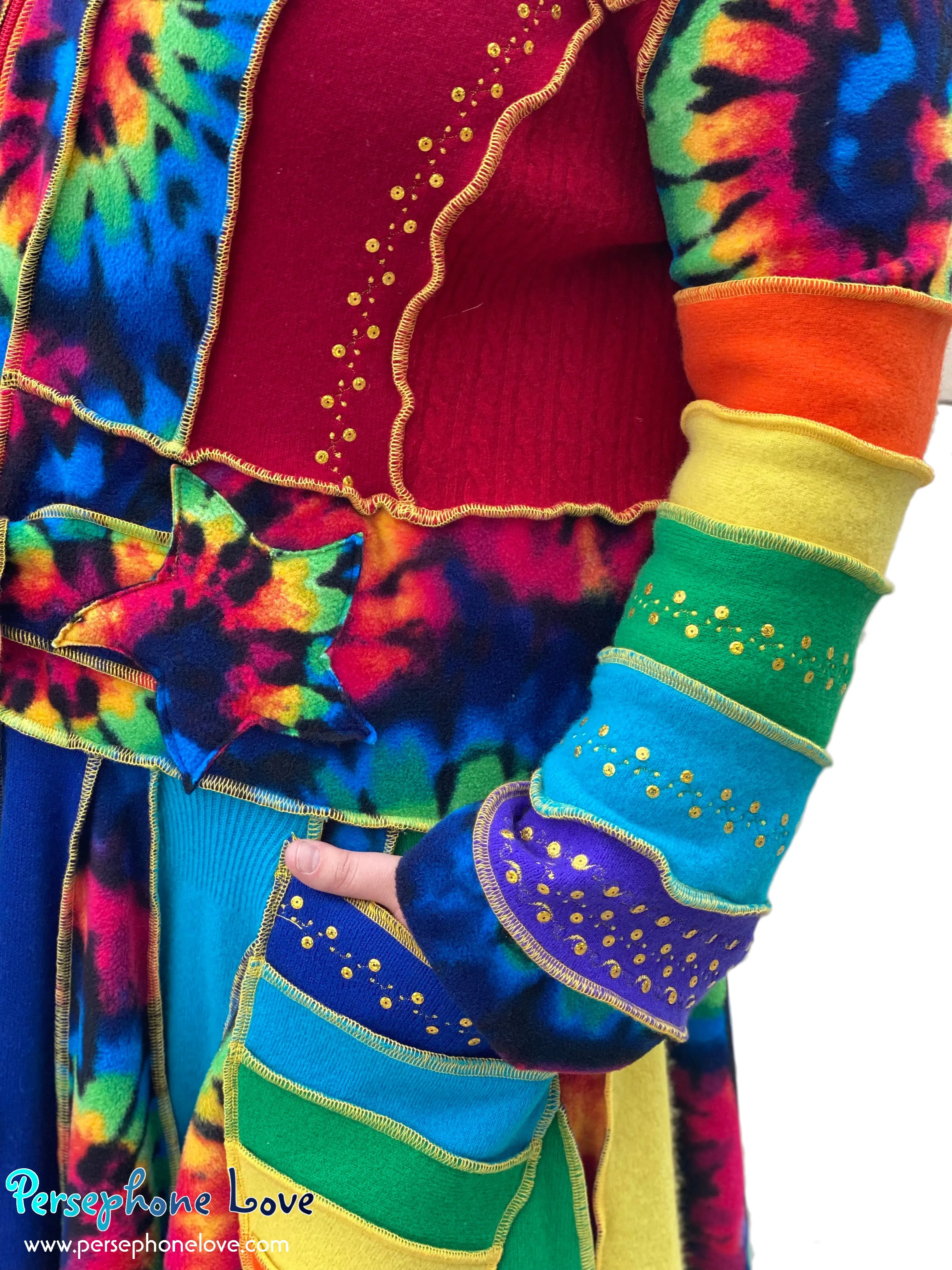 "Fractals" GODDESS SIZE Rainbow embroidered/felted/sequins cashmere patchwork Katwise-inspired sweatercoat-2539