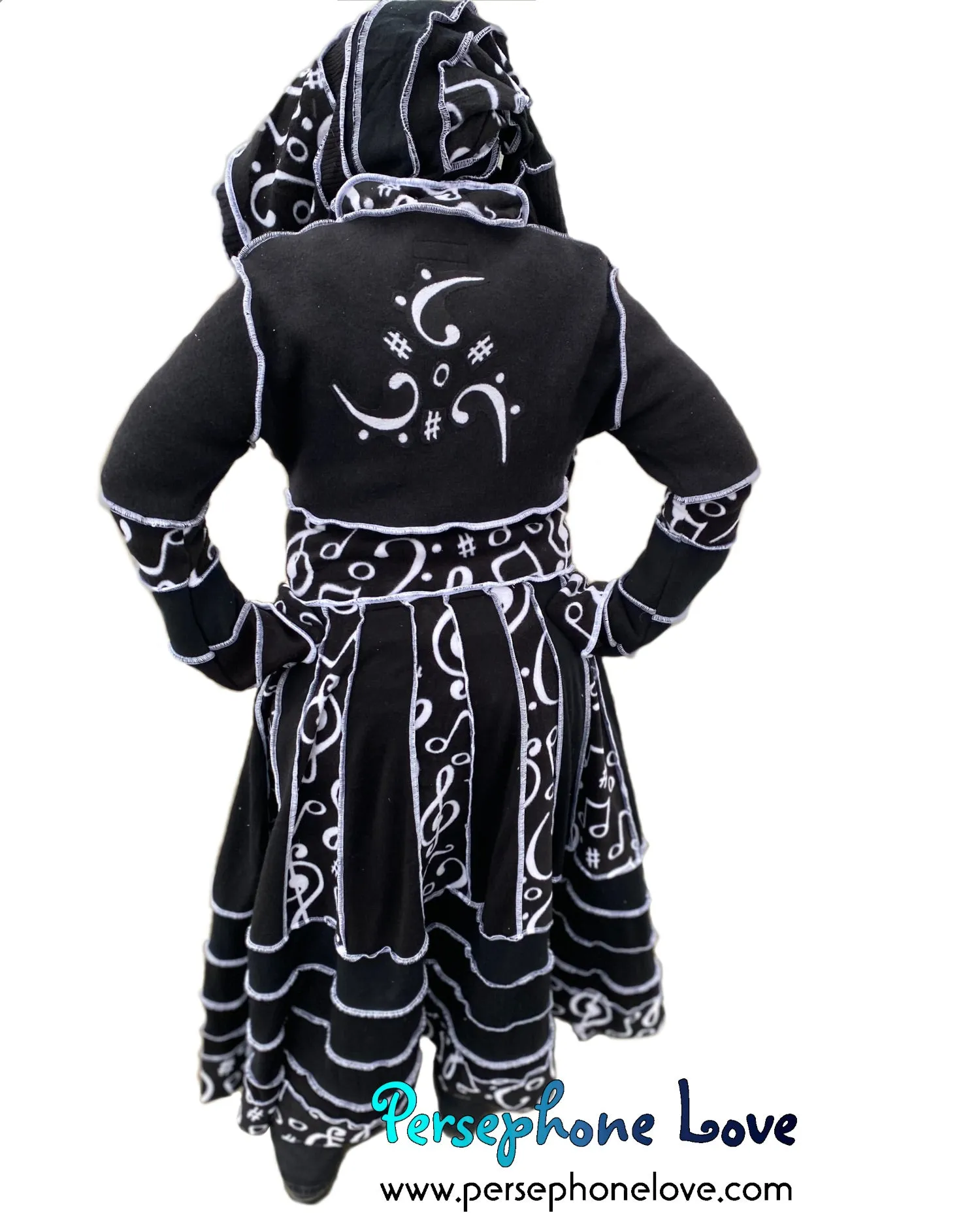 "Music Box Opera" Black white music needle-felted wool/cashmere Katwise inspired sweatercoat-2510