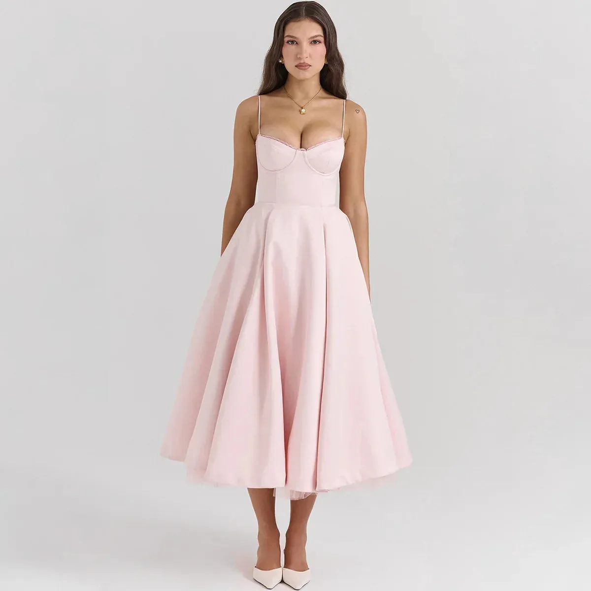 Solid Pink Spaghetti Strap Graceful Evening Gowns Midi Dress